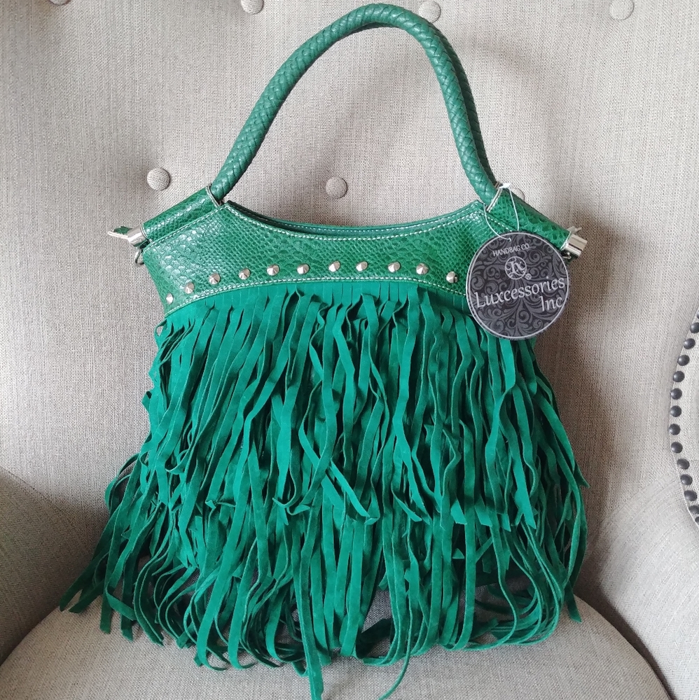 GREEN FRINGE HANDBAG